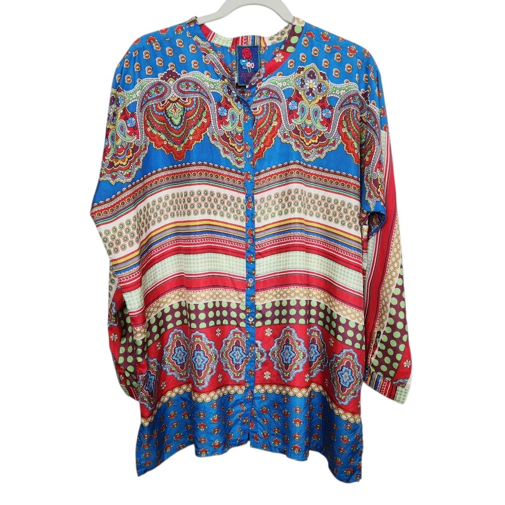 Johnny Was Blue Multi-Color Printed Button-Up Blouse